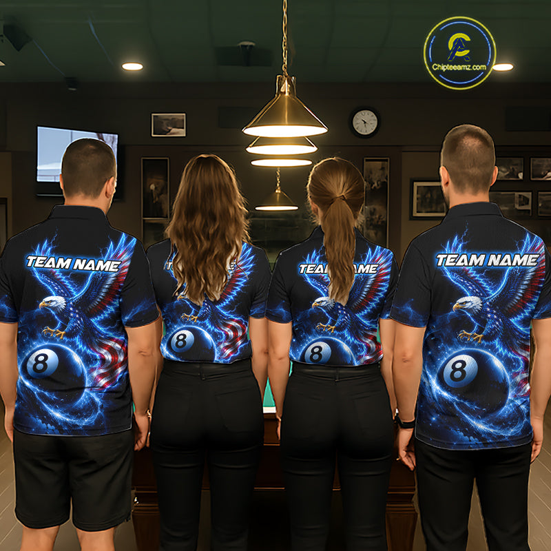 Custom Blue Lightning Eagle US Flag 8 Ball Billiard Shirts Billiard Team Jerseys