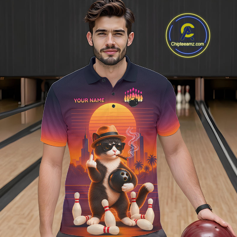 Funny Cat Retro Sunset Bowling Shirts Custom Bowling Team Jerseys Bowling Tournament