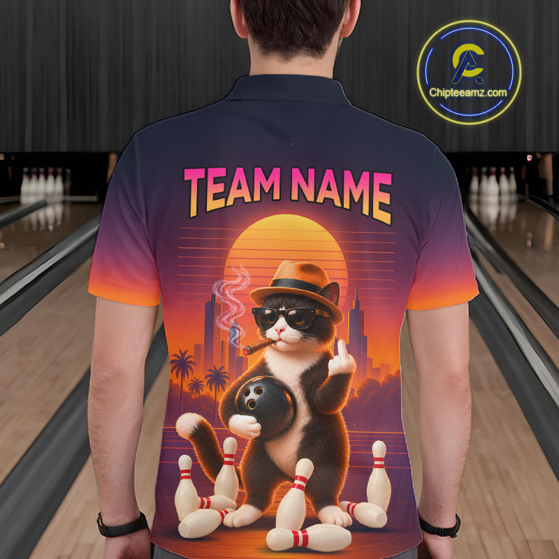 Funny Cat Retro Sunset Bowling Shirts Custom Bowling Team Jerseys Bowling Tournament