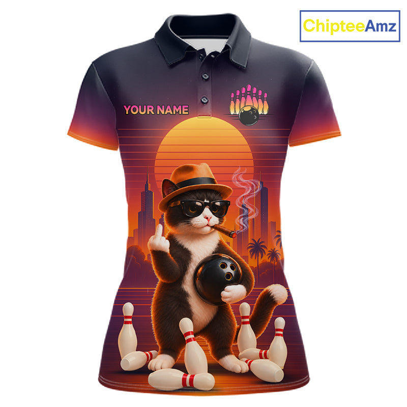 Funny Cat Retro Sunset Bowling Shirts Custom Bowling Team Jerseys Bowling Tournament