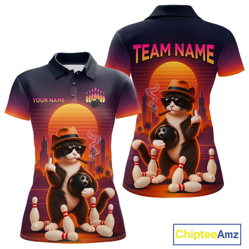 Funny Cat Retro Sunset Bowling Shirts Custom Bowling Team Jerseys Bowling Tournament