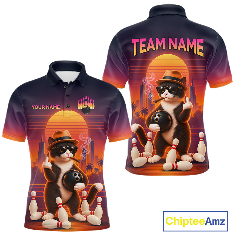 Funny Cat Retro Sunset Bowling Shirts Custom Bowling Team Jerseys Bowling Tournament