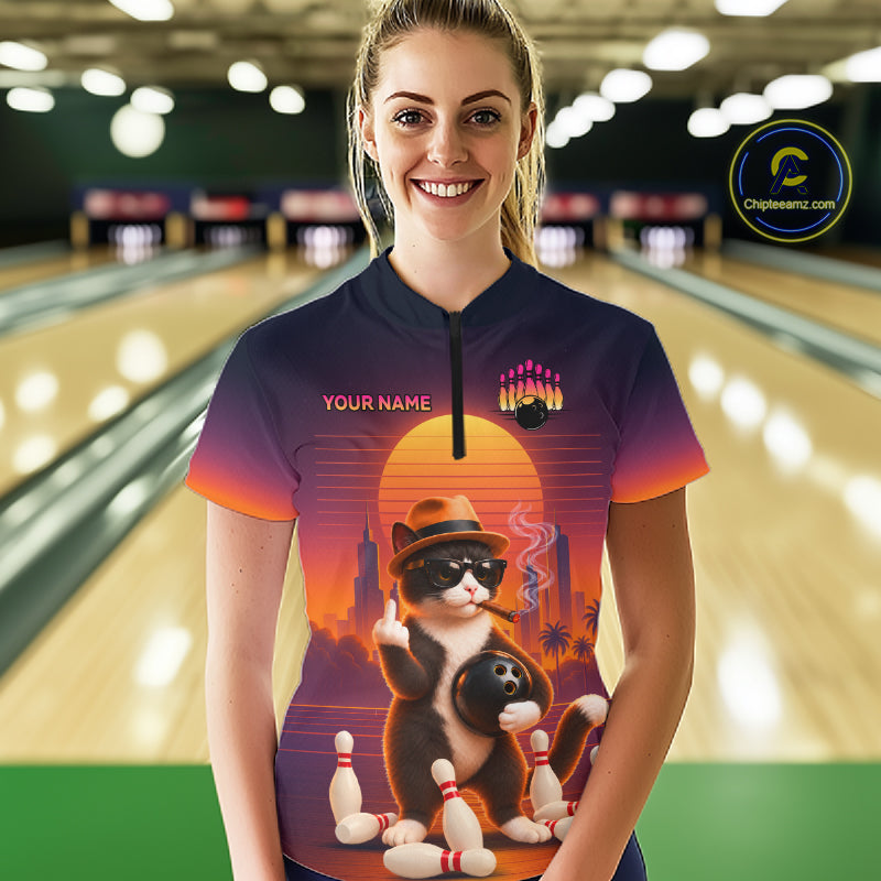 Funny Cat Retro Sunset Bowling Shirts Custom Bowling Team Jerseys Bowling Tournament