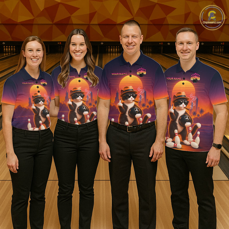 Funny Cat Retro Sunset Bowling Shirts Custom Bowling Team Jerseys Bowling Tournament