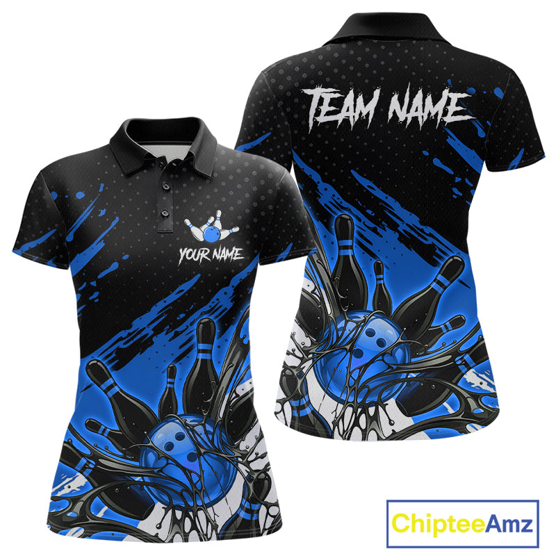 Custom Blue Bowling Jerseys, Personalized Bowling Team Shirts Bowling Pin And Ball