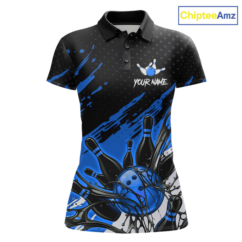 Custom Blue Bowling Jerseys, Personalized Bowling Team Shirts Bowling Pin And Ball
