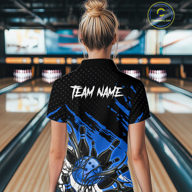 Custom Blue Bowling Jerseys, Personalized Bowling Team Shirts Bowling Pin And Ball