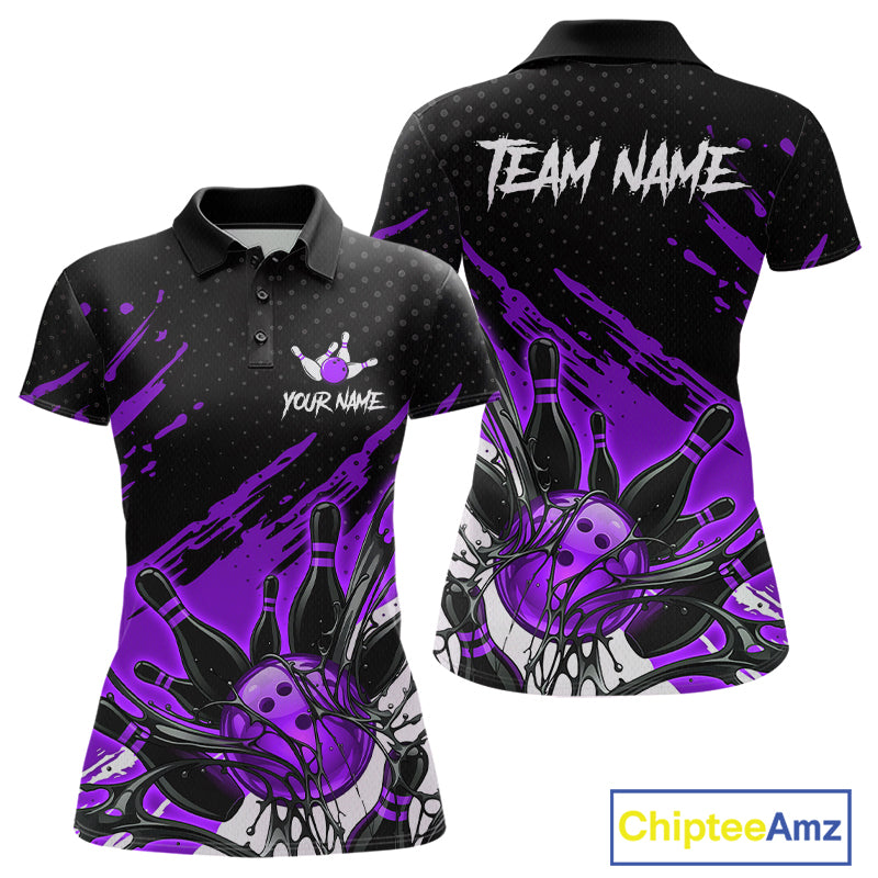 Custom Purple Bowling Jerseys, Personalized Bowling Team Shirts Bowling Pin And Ball