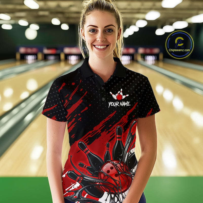 Custom Red Bowling Jerseys, Personalized Bowling Team Shirts Bowling Pin And Ball