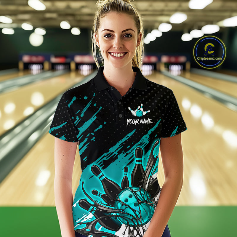 Custom Turquoise Bowling Jerseys, Personalized Bowling Team Shirts Bowling Pin And Ball