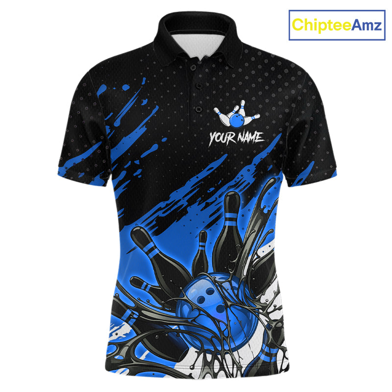 Custom Blue Bowling Jerseys, Personalized Bowling Team Shirts Bowling Pin And Ball