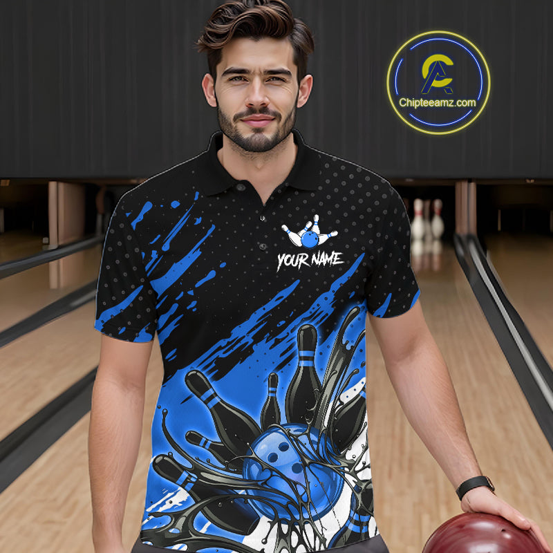 Custom Blue Bowling Jerseys, Personalized Bowling Team Shirts Bowling Pin And Ball