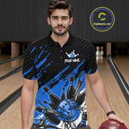 Custom Blue Bowling Jerseys, Personalized Bowling Team Shirts Bowling Pin And Ball