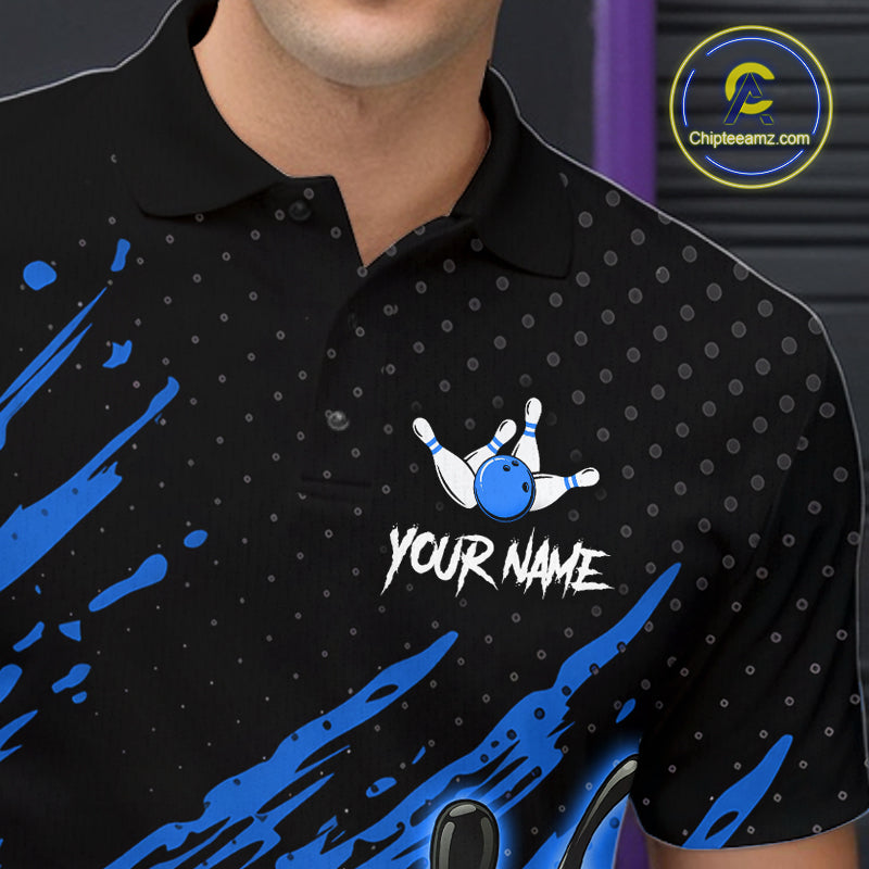 Custom Blue Bowling Jerseys, Personalized Bowling Team Shirts Bowling Pin And Ball