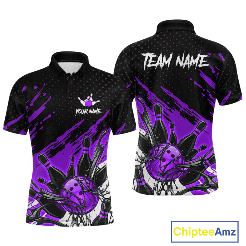 Custom Purple Bowling Jerseys, Personalized Bowling Team Shirts Bowling Pin And Ball