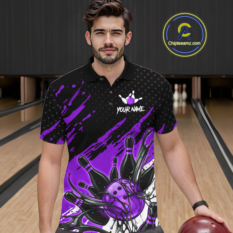 Custom Purple Bowling Jerseys, Personalized Bowling Team Shirts Bowling Pin And Ball