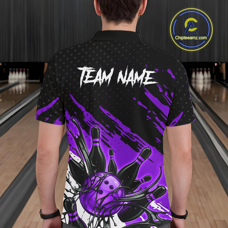 Custom Purple Bowling Jerseys, Personalized Bowling Team Shirts Bowling Pin And Ball