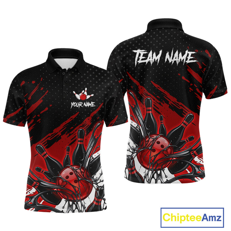 Custom Red Bowling Jerseys, Personalized Bowling Team Shirts Bowling Pin And Ball