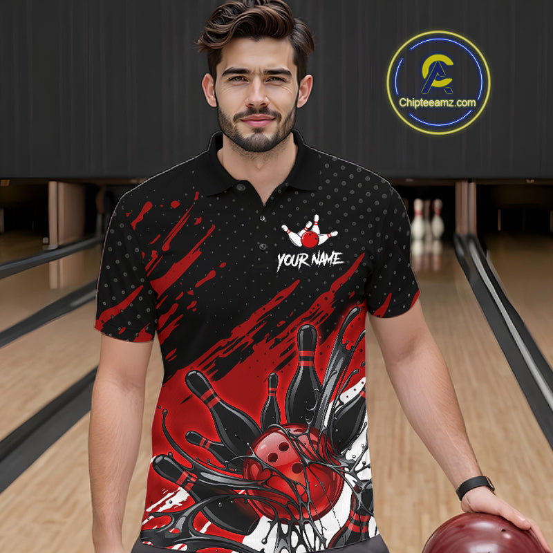 Custom Red Bowling Jerseys, Personalized Bowling Team Shirts Bowling Pin And Ball