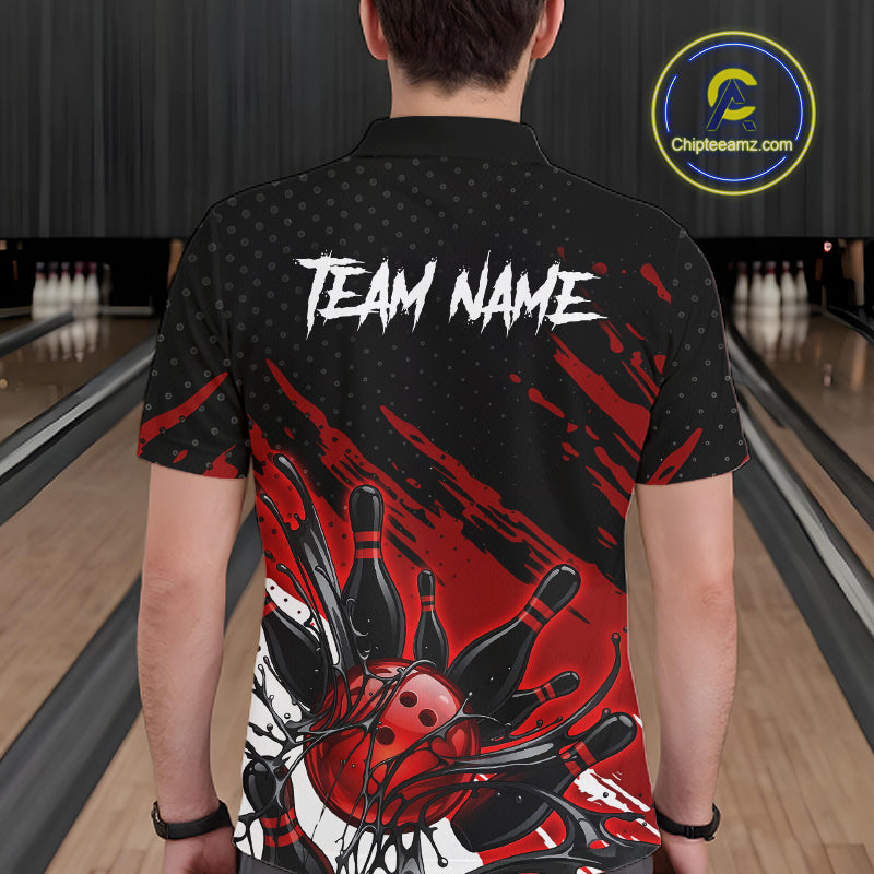 Custom Red Bowling Jerseys, Personalized Bowling Team Shirts Bowling Pin And Ball