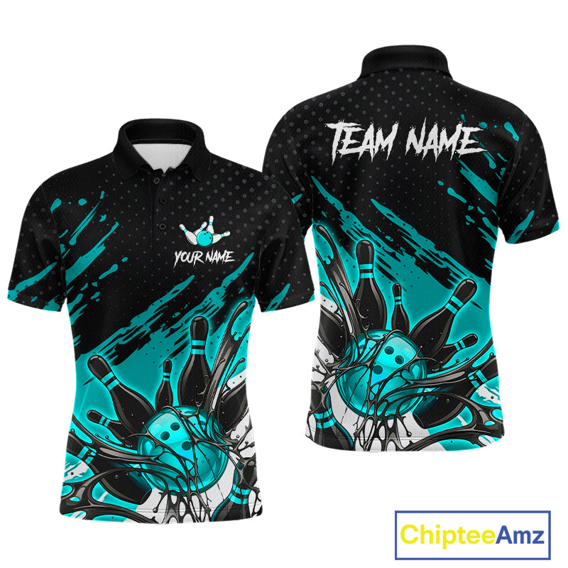 Custom Turquoise Bowling Jerseys, Personalized Bowling Team Shirts Bowling Pin And Ball