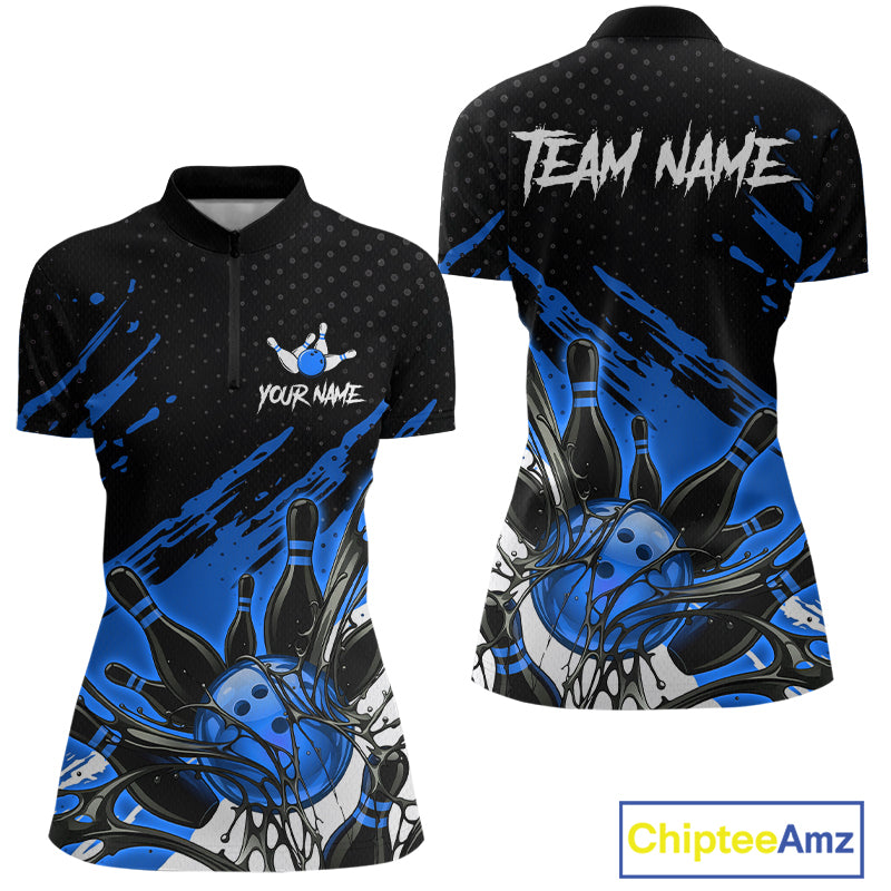 Custom Blue Bowling Jerseys, Personalized Bowling Team Shirts Bowling Pin And Ball