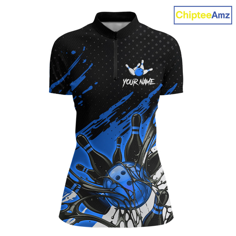 Custom Blue Bowling Jerseys, Personalized Bowling Team Shirts Bowling Pin And Ball