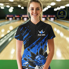 Custom Blue Bowling Jerseys, Personalized Bowling Team Shirts Bowling Pin And Ball