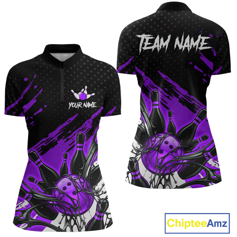 Custom Purple Bowling Jerseys, Personalized Bowling Team Shirts Bowling Pin And Ball
