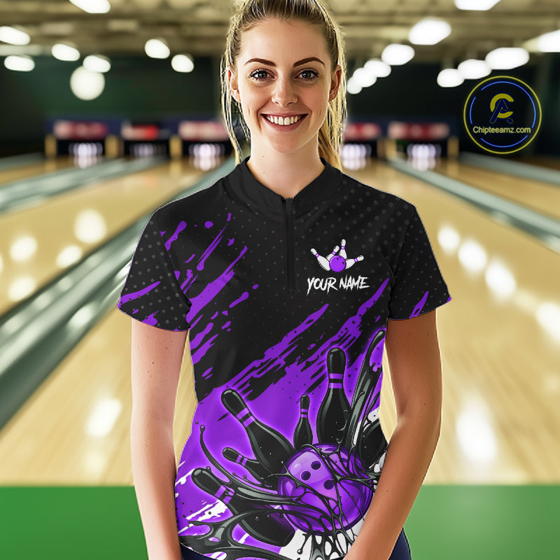 Custom Purple Bowling Jerseys, Personalized Bowling Team Shirts Bowling Pin And Ball