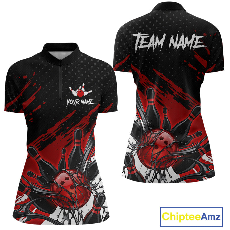 Custom Red Bowling Jerseys, Personalized Bowling Team Shirts Bowling Pin And Ball