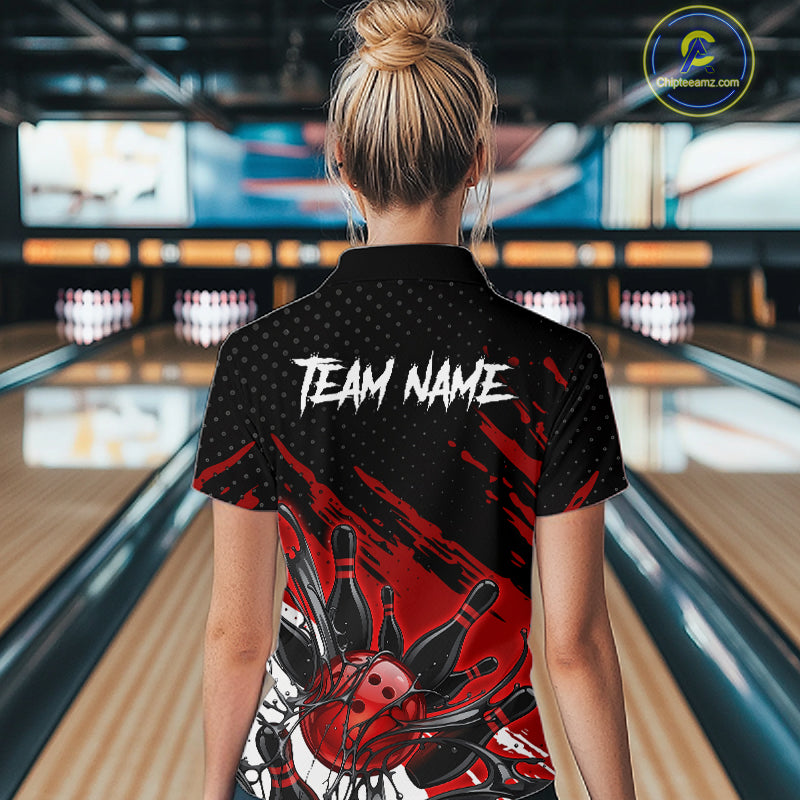 Custom Red Bowling Jerseys, Personalized Bowling Team Shirts Bowling Pin And Ball