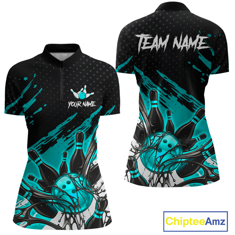 Custom Turquoise Bowling Jerseys, Personalized Bowling Team Shirts Bowling Pin And Ball