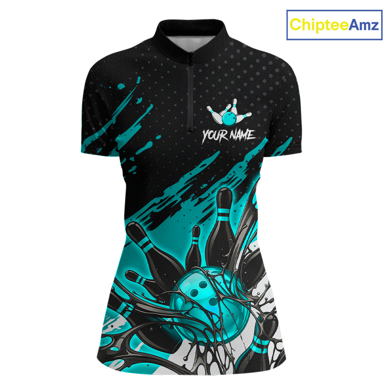 Custom Turquoise Bowling Jerseys, Personalized Bowling Team Shirts Bowling Pin And Ball