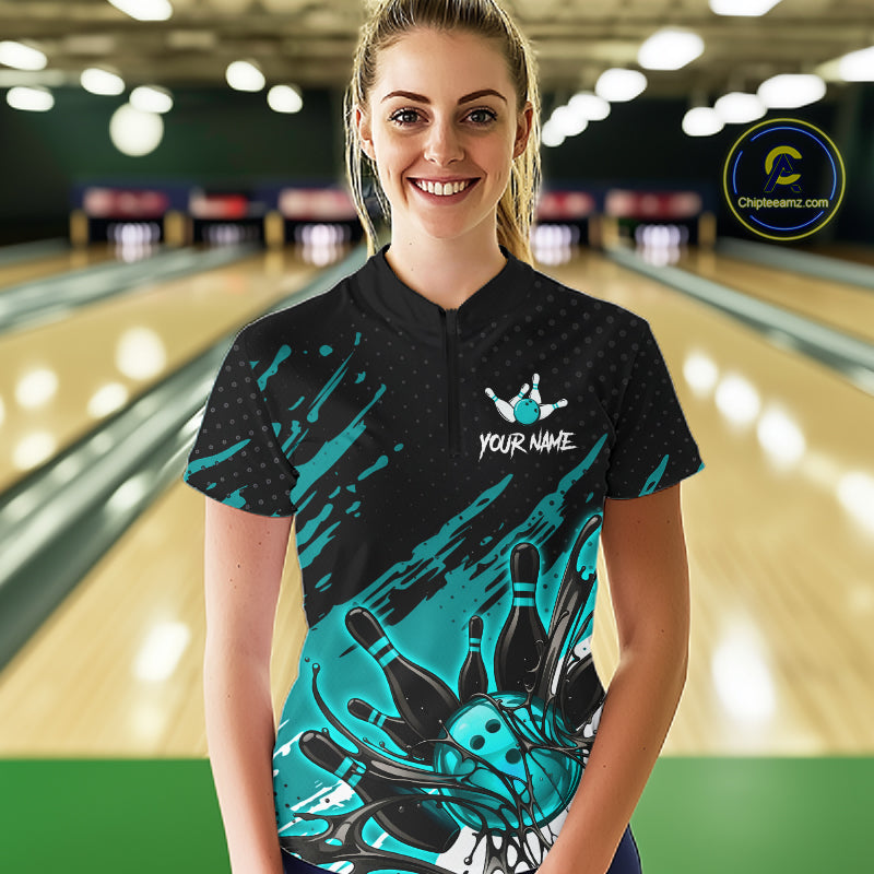 Custom Turquoise Bowling Jerseys, Personalized Bowling Team Shirts Bowling Pin And Ball