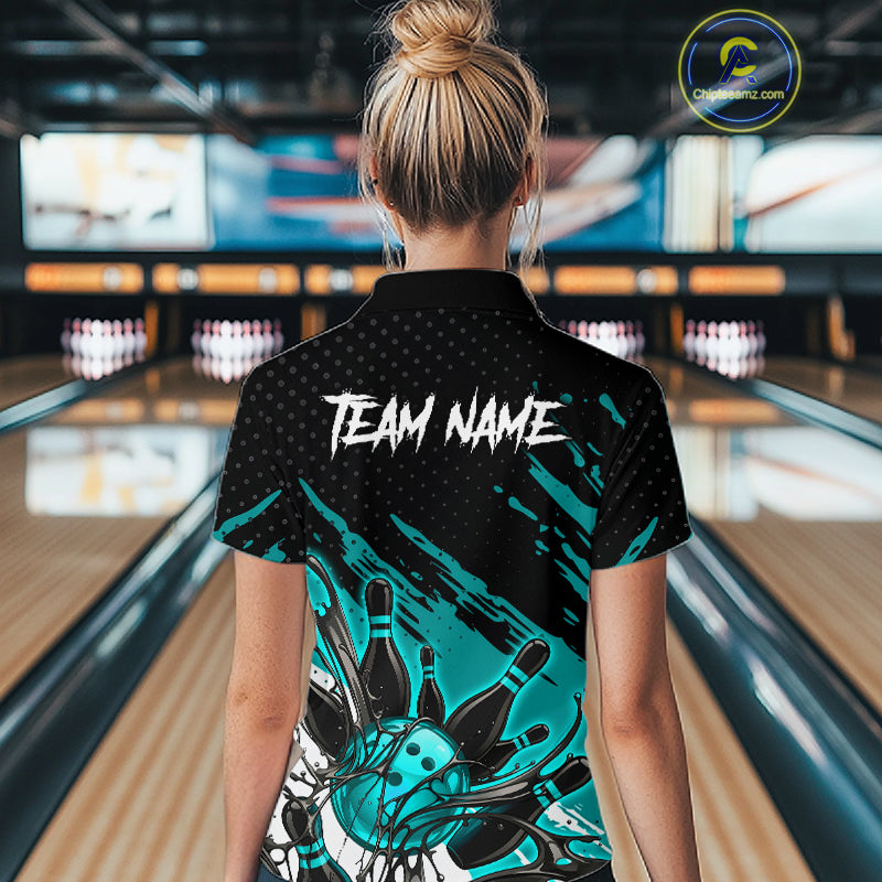Custom Turquoise Bowling Jerseys, Personalized Bowling Team Shirts Bowling Pin And Ball