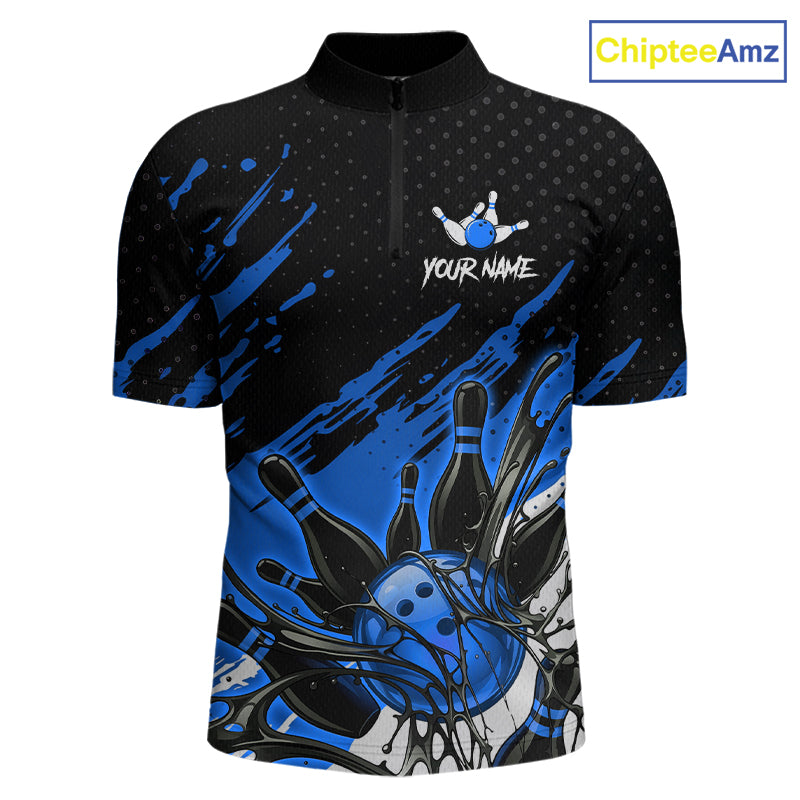 Custom Blue Bowling Jerseys, Personalized Bowling Team Shirts Bowling Pin And Ball