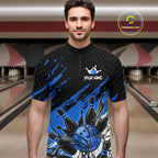 Custom Blue Bowling Jerseys, Personalized Bowling Team Shirts Bowling Pin And Ball
