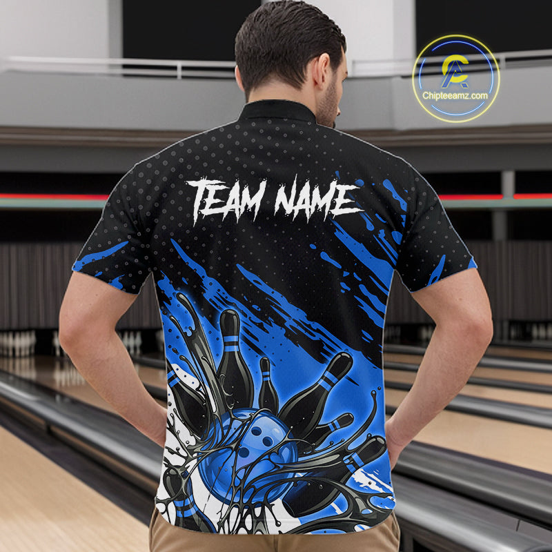 Custom Blue Bowling Jerseys, Personalized Bowling Team Shirts Bowling Pin And Ball