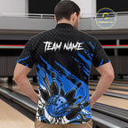 Custom Blue Bowling Jerseys, Personalized Bowling Team Shirts Bowling Pin And Ball