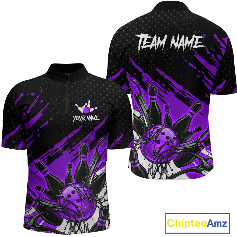 Custom Purple Bowling Jerseys, Personalized Bowling Team Shirts Bowling Pin And Ball