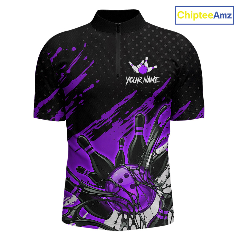 Custom Purple Bowling Jerseys, Personalized Bowling Team Shirts Bowling Pin And Ball
