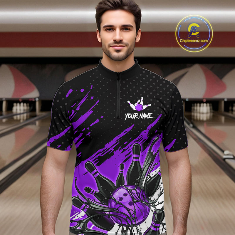 Custom Purple Bowling Jerseys, Personalized Bowling Team Shirts Bowling Pin And Ball