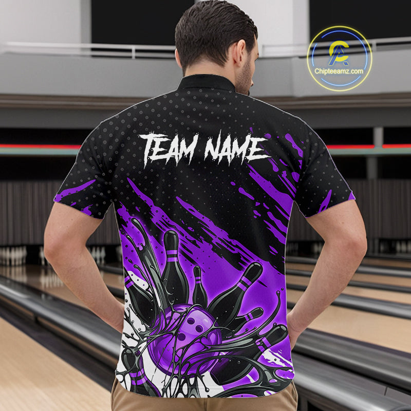 Custom Purple Bowling Jerseys, Personalized Bowling Team Shirts Bowling Pin And Ball