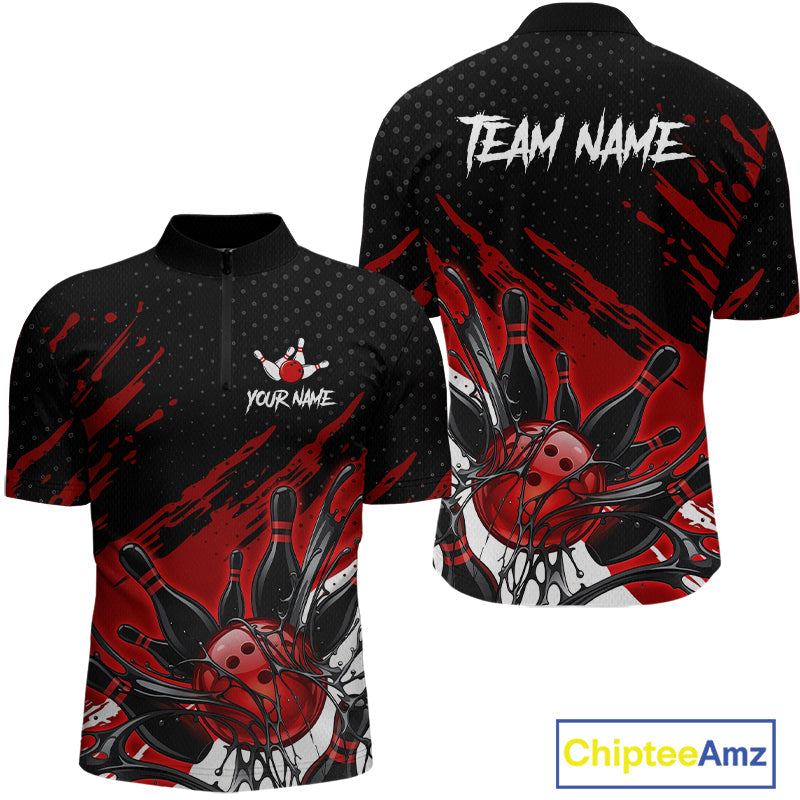 Custom Red Bowling Jerseys, Personalized Bowling Team Shirts Bowling Pin And Ball