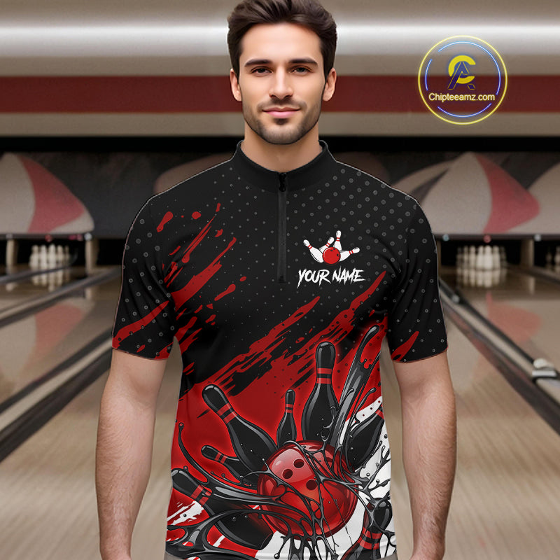 Custom Red Bowling Jerseys, Personalized Bowling Team Shirts Bowling Pin And Ball