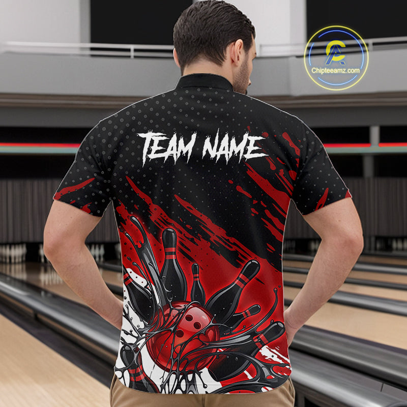 Custom Red Bowling Jerseys, Personalized Bowling Team Shirts Bowling Pin And Ball