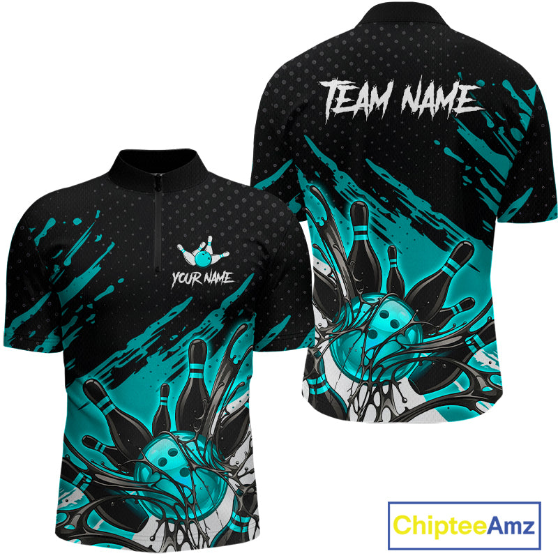 Custom Turquoise Bowling Jerseys, Personalized Bowling Team Shirts Bowling Pin And Ball