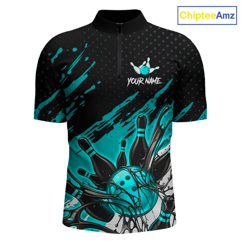 Custom Turquoise Bowling Jerseys, Personalized Bowling Team Shirts Bowling Pin And Ball