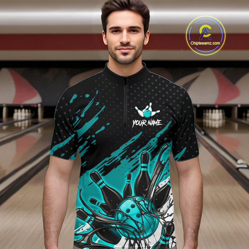 Custom Turquoise Bowling Jerseys, Personalized Bowling Team Shirts Bowling Pin And Ball